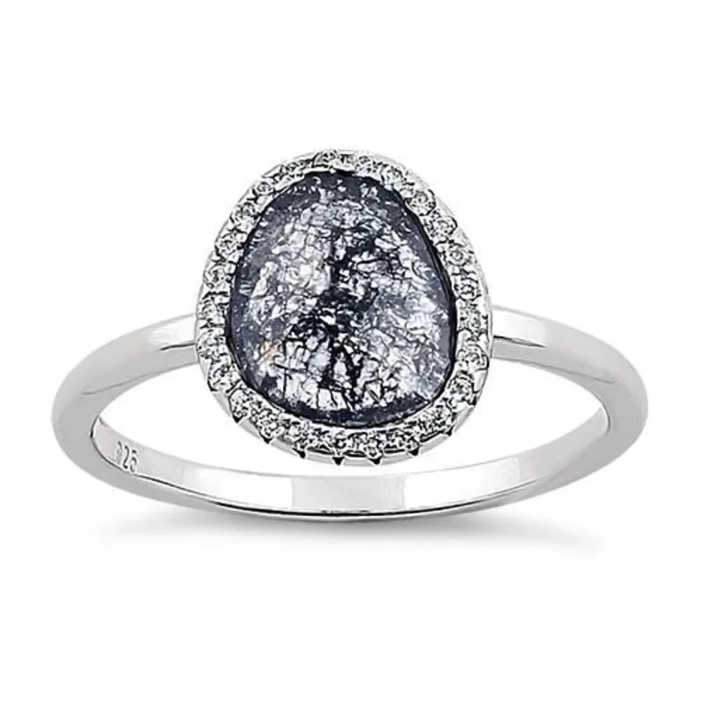 Sterling Silver Offset Oval Grey Galaxy CZ Ring New